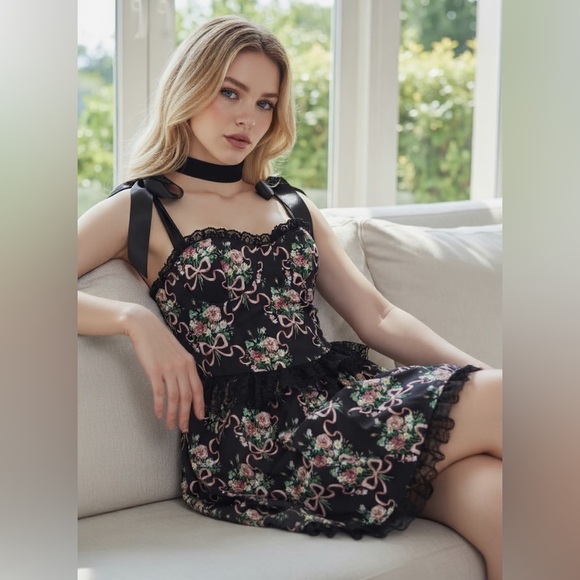 NWT Widow Bewitched Bloom Mini Dress w/ Petticoat Corset Satin Shoulder Ties - Picture 14 of 15